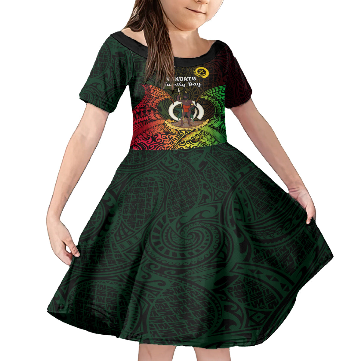 Personalised Vanuatu Family Day Family Matching Off Shoulder Long Sleeve Dress and Hawaiian Shirt Happy 26 December Vanuatuan Pig Tusk LT14 Daughter's Dress Black - Polynesian Pride