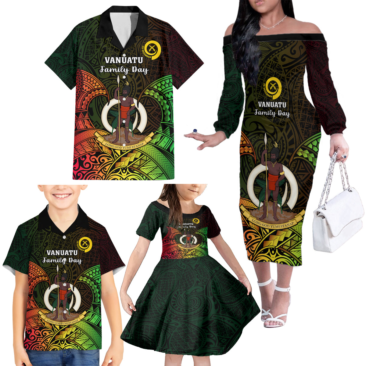 Personalised Vanuatu Family Day Family Matching Off Shoulder Long Sleeve Dress and Hawaiian Shirt Happy 26 December Vanuatuan Pig Tusk LT14 - Polynesian Pride
