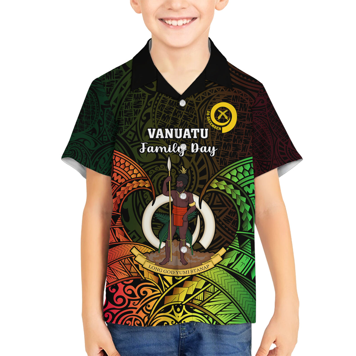Personalised Vanuatu Family Day Family Matching Off Shoulder Long Sleeve Dress and Hawaiian Shirt Happy 26 December Vanuatuan Pig Tusk LT14 Son's Shirt Black - Polynesian Pride