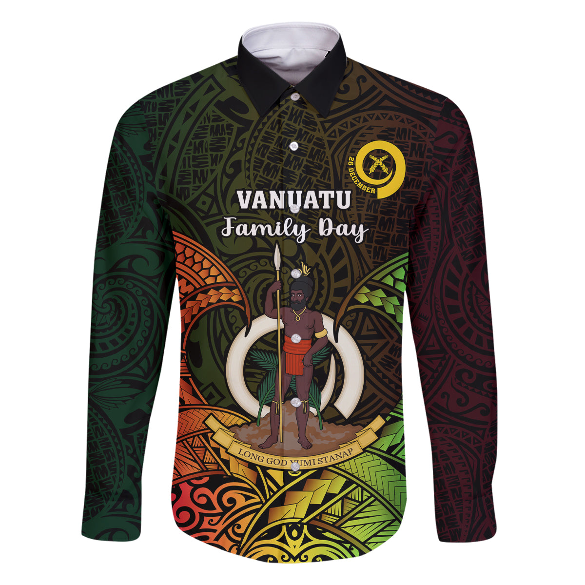Personalised Vanuatu Family Day Family Matching Off Shoulder Short Dress and Hawaiian Shirt Happy 26 December Vanuatuan Pig Tusk LT14 Dad's Shirt - Long Sleeve Black - Polynesian Pride