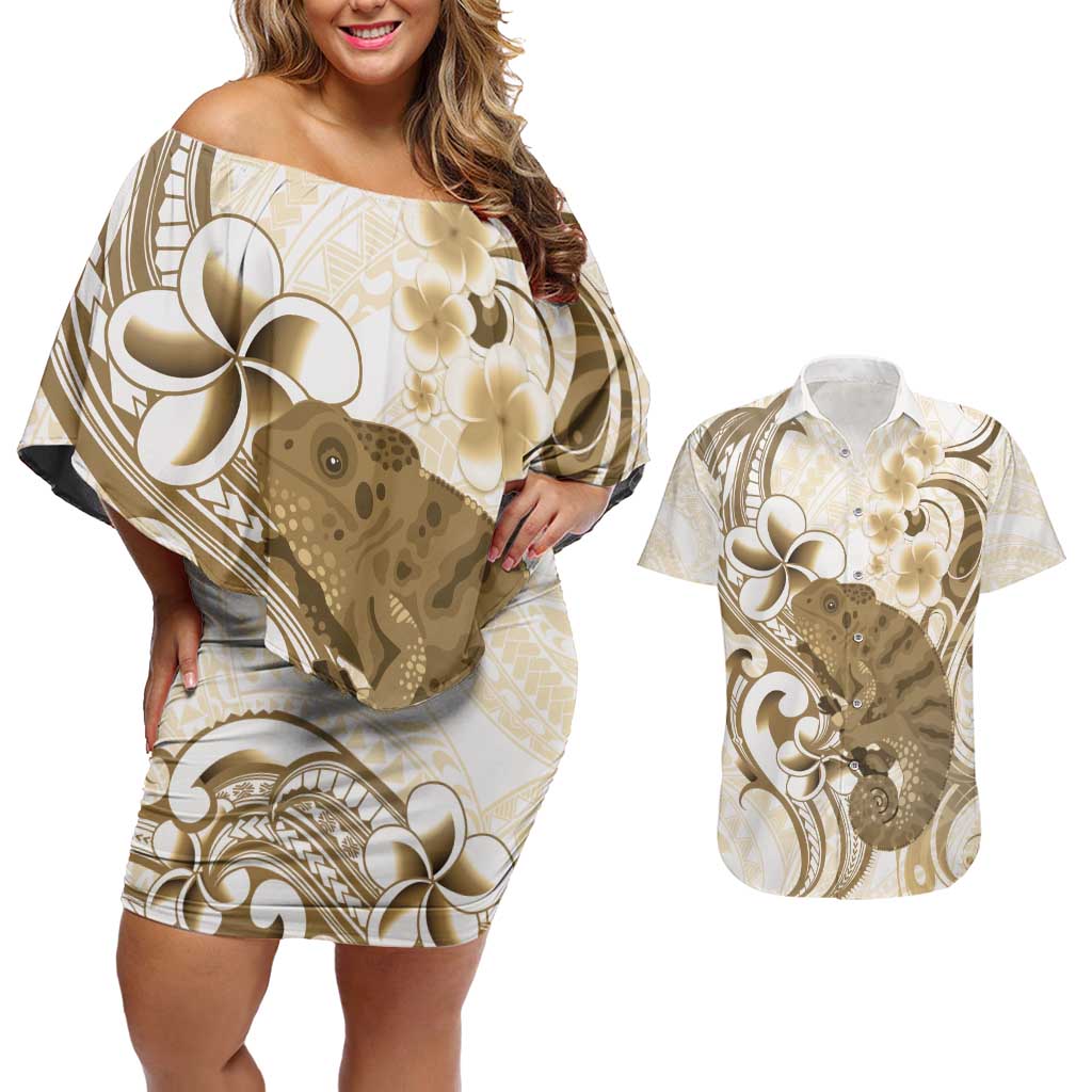 Brown And White Hawaii Chameleon Couples Matching Off Shoulder Short Dress and Hawaiian Shirt Plumeria Polynesian Tribal Art
