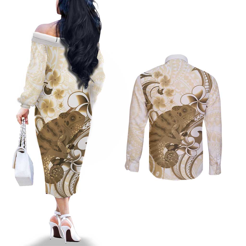 Brown And White Hawaii Chameleon Couples Matching Off The Shoulder Long Sleeve Dress and Long Sleeve Button Shirt Plumeria Polynesian Tribal Art