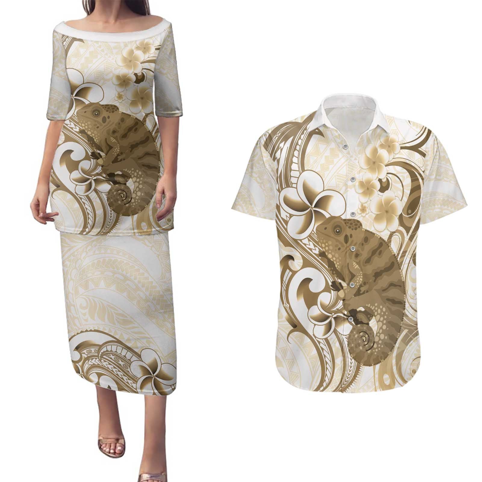 Brown And White Hawaii Chameleon Couples Matching Puletasi and Hawaiian Shirt Plumeria Polynesian Tribal Art