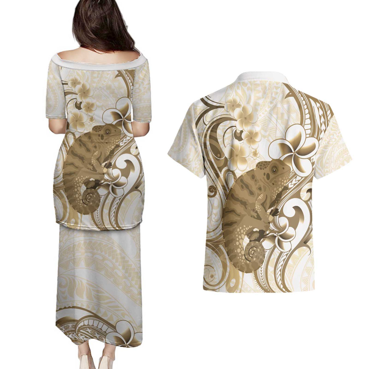Brown And White Hawaii Chameleon Couples Matching Puletasi and Hawaiian Shirt Plumeria Polynesian Tribal Art