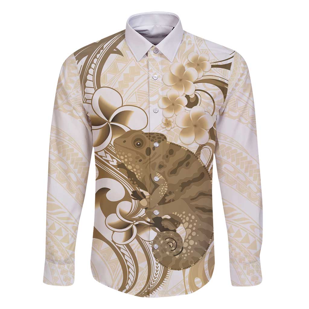 Brown And White Hawaii Chameleon Family Matching Long Sleeve Bodycon Dress and Hawaiian Shirt Plumeria Polynesian Tribal Art