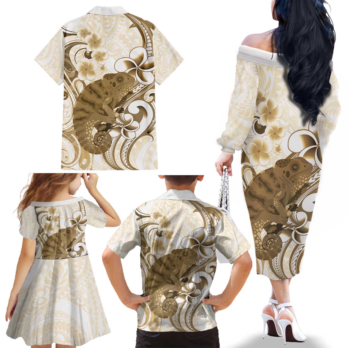 Brown And White Hawaii Chameleon Family Matching Off The Shoulder Long Sleeve Dress and Hawaiian Shirt Plumeria Polynesian Tribal Art