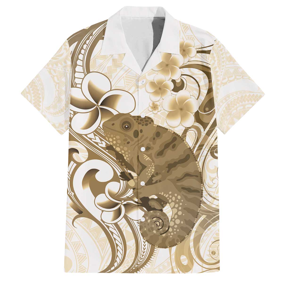 Brown And White Hawaii Chameleon Family Matching Off The Shoulder Long Sleeve Dress and Hawaiian Shirt Plumeria Polynesian Tribal Art