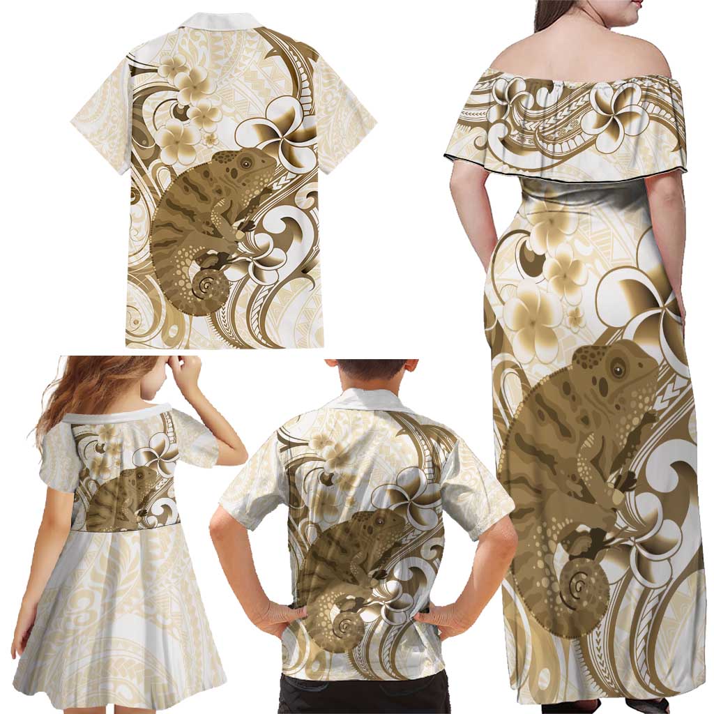 Brown And White Hawaii Chameleon Family Matching Off Shoulder Maxi Dress and Hawaiian Shirt Plumeria Polynesian Tribal Art