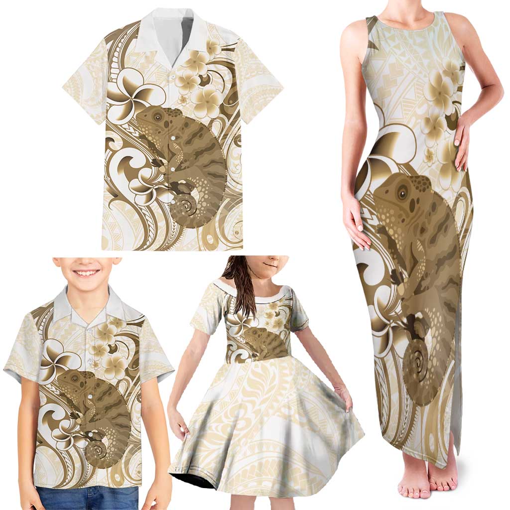 Brown And White Hawaii Chameleon Family Matching Tank Maxi Dress and Hawaiian Shirt Plumeria Polynesian Tribal Art