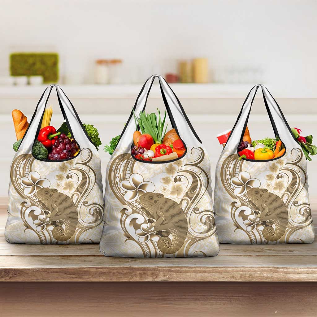 Brown And White Hawaii Chameleon Grocery Bag Plumeria Polynesian Tribal Art