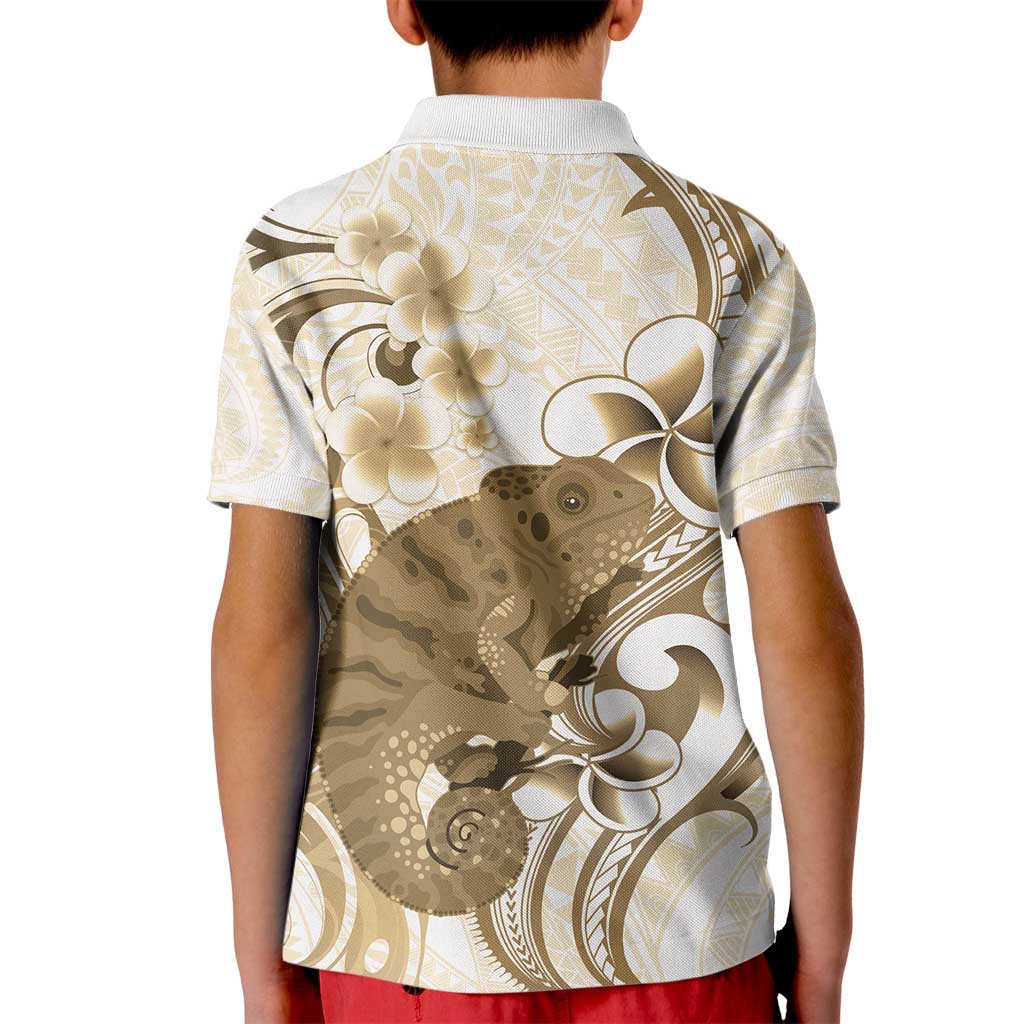 Brown And White Hawaii Chameleon Kid Polo Shirt Plumeria Polynesian Tribal Art