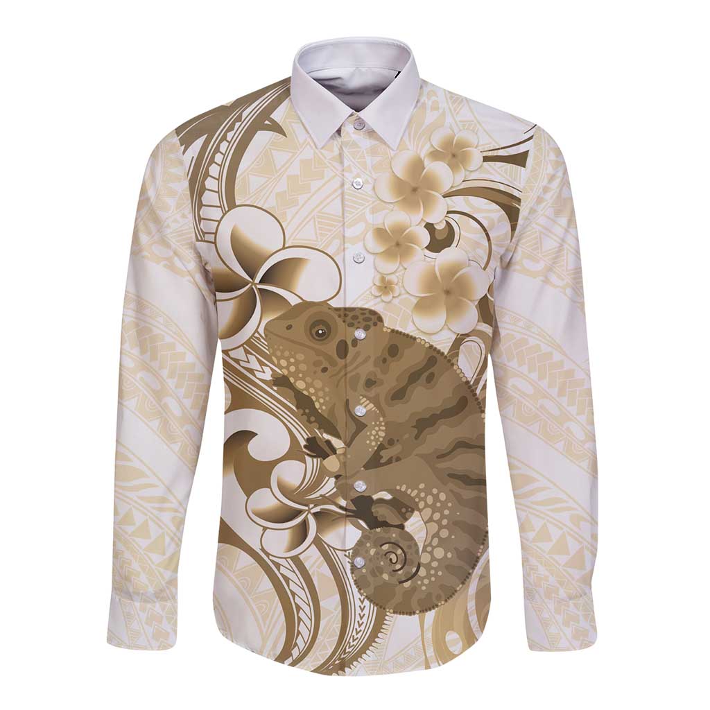 Brown And White Hawaii Chameleon Long Sleeve Button Shirt Plumeria Polynesian Tribal Art LT14 Unisex Brown - Polynesian Pride