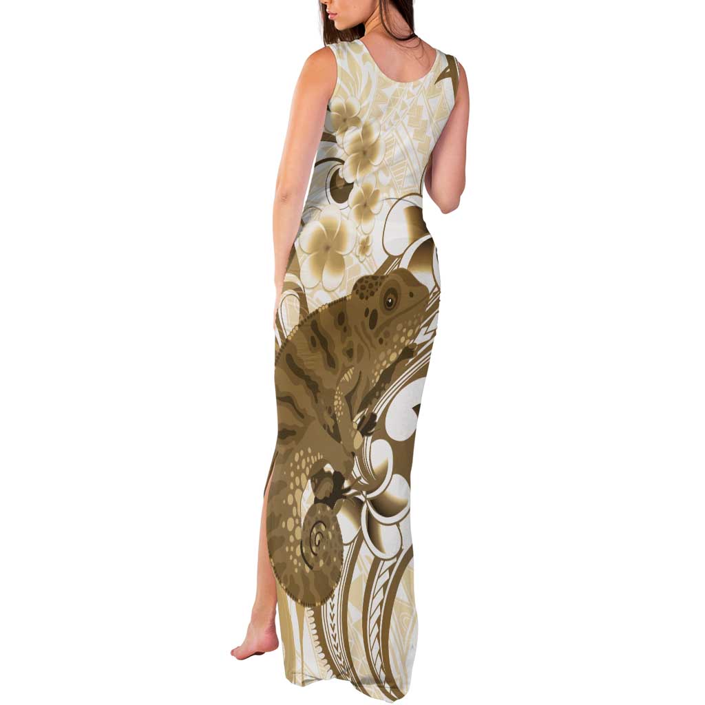 Brown And White Hawaii Chameleon Tank Maxi Dress Plumeria Polynesian Tribal Art