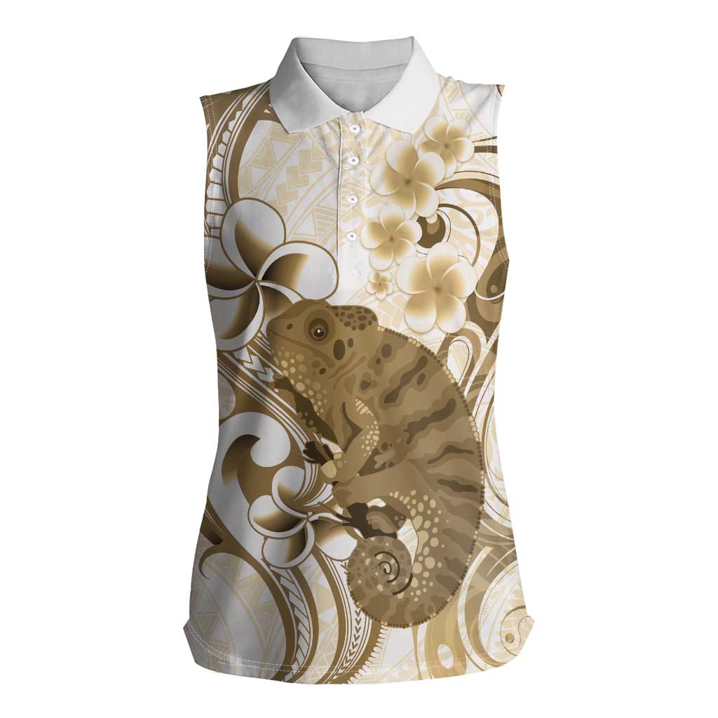Brown And White Hawaii Chameleon Women Sleeveless Polo Shirt Plumeria Polynesian Tribal Art LT14 Female Brown - Polynesian Pride