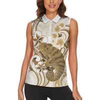 Brown And White Hawaii Chameleon Women Sleeveless Polo Shirt Plumeria Polynesian Tribal Art LT14 - Polynesian Pride