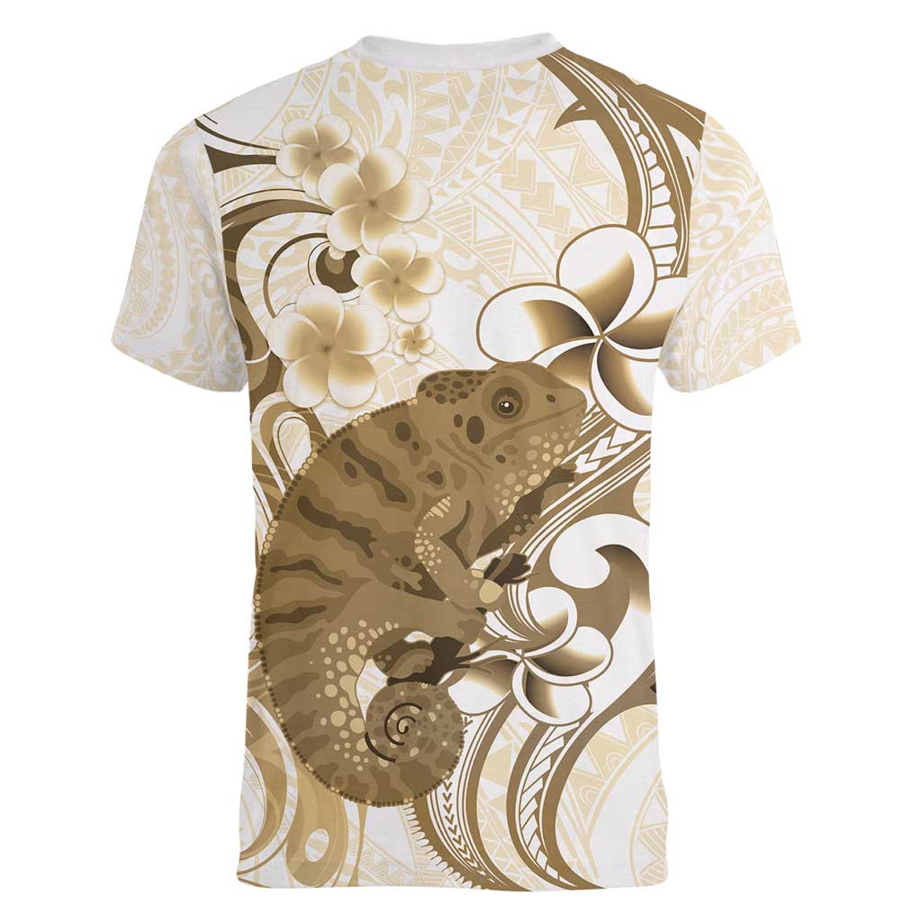Brown And White Hawaii Chameleon Women V-Neck T-Shirt Plumeria Polynesian Tribal Art LT14 - Polynesian Pride