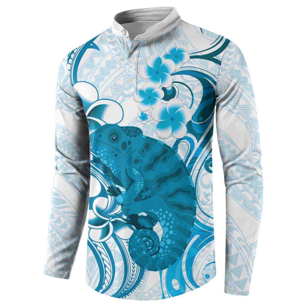 Cyan And White Hawaii Chameleon Button Sweatshirt Plumeria Polynesian Tribal Art LT14 - Polynesian Pride