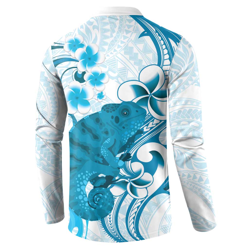 Cyan And White Hawaii Chameleon Button Sweatshirt Plumeria Polynesian Tribal Art LT14 - Polynesian Pride