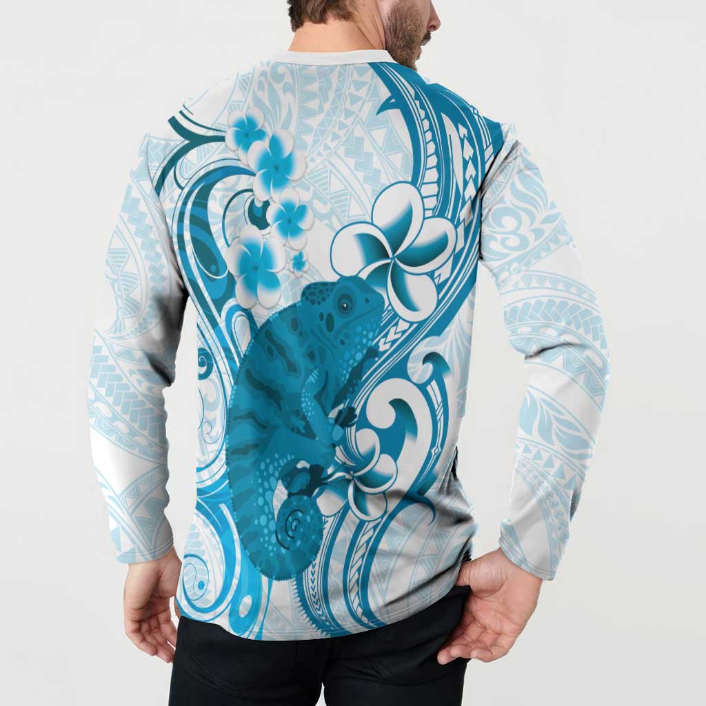 Cyan And White Hawaii Chameleon Button Sweatshirt Plumeria Polynesian Tribal Art LT14 - Polynesian Pride