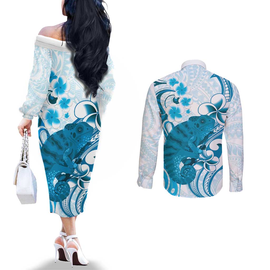 Cyan And White Hawaii Chameleon Couples Matching Off The Shoulder Long Sleeve Dress and Long Sleeve Button Shirt Plumeria Polynesian Tribal Art
