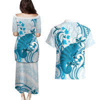 Cyan And White Hawaii Chameleon Couples Matching Puletasi and Hawaiian Shirt Plumeria Polynesian Tribal Art