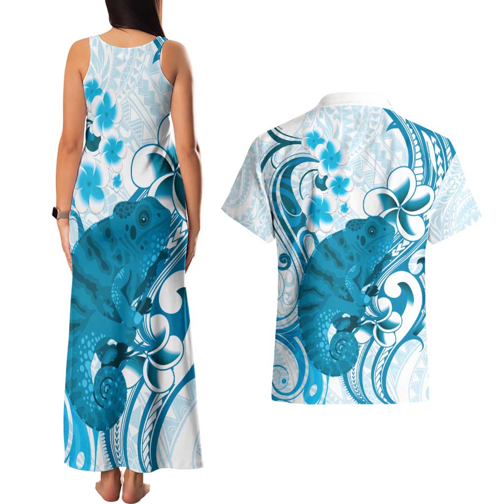 Cyan And White Hawaii Chameleon Couples Matching Tank Maxi Dress and Hawaiian Shirt Plumeria Polynesian Tribal Art