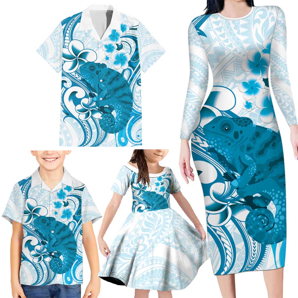 Cyan And White Hawaii Chameleon Family Matching Long Sleeve Bodycon Dress and Hawaiian Shirt Plumeria Polynesian Tribal Art