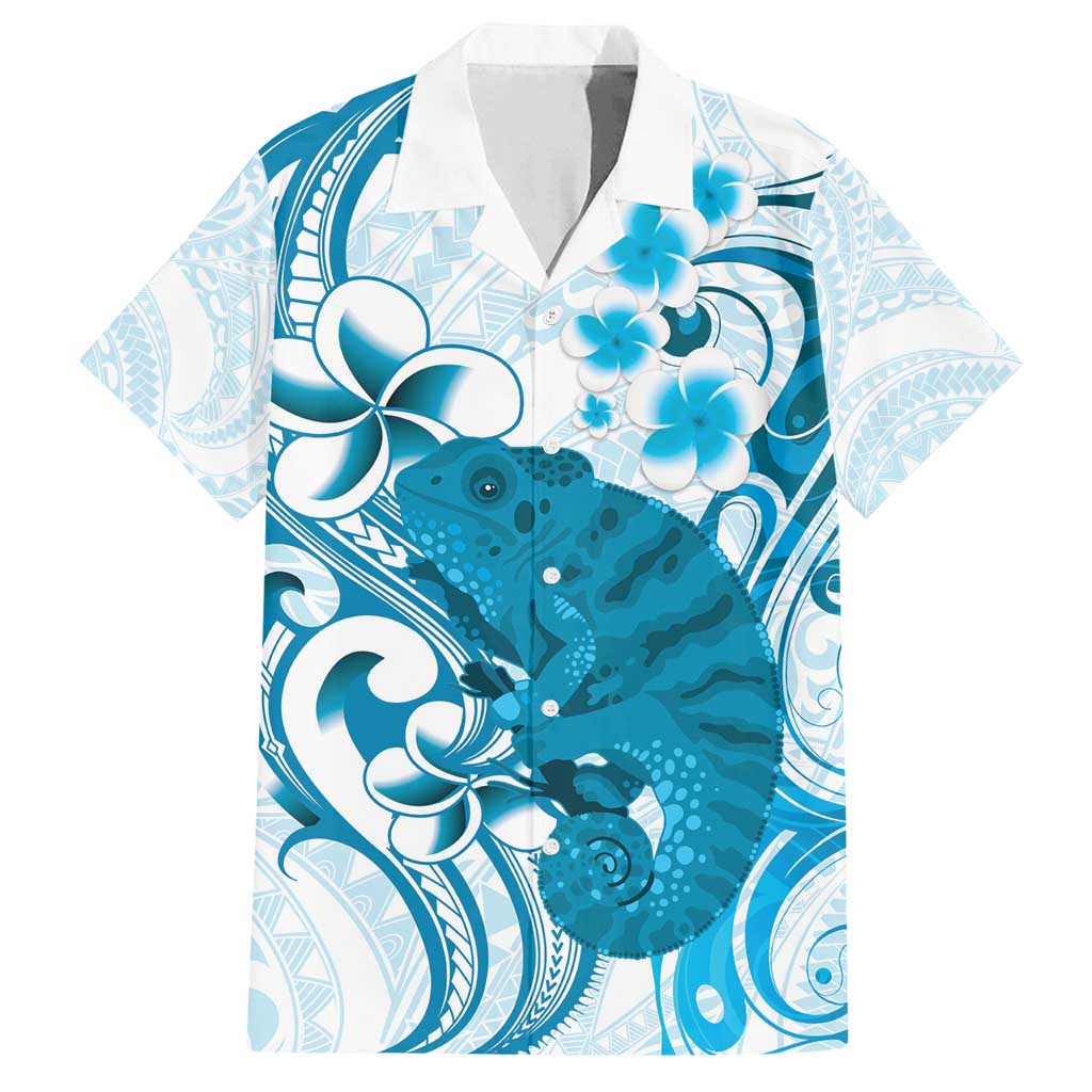 Cyan And White Hawaii Chameleon Family Matching Long Sleeve Bodycon Dress and Hawaiian Shirt Plumeria Polynesian Tribal Art