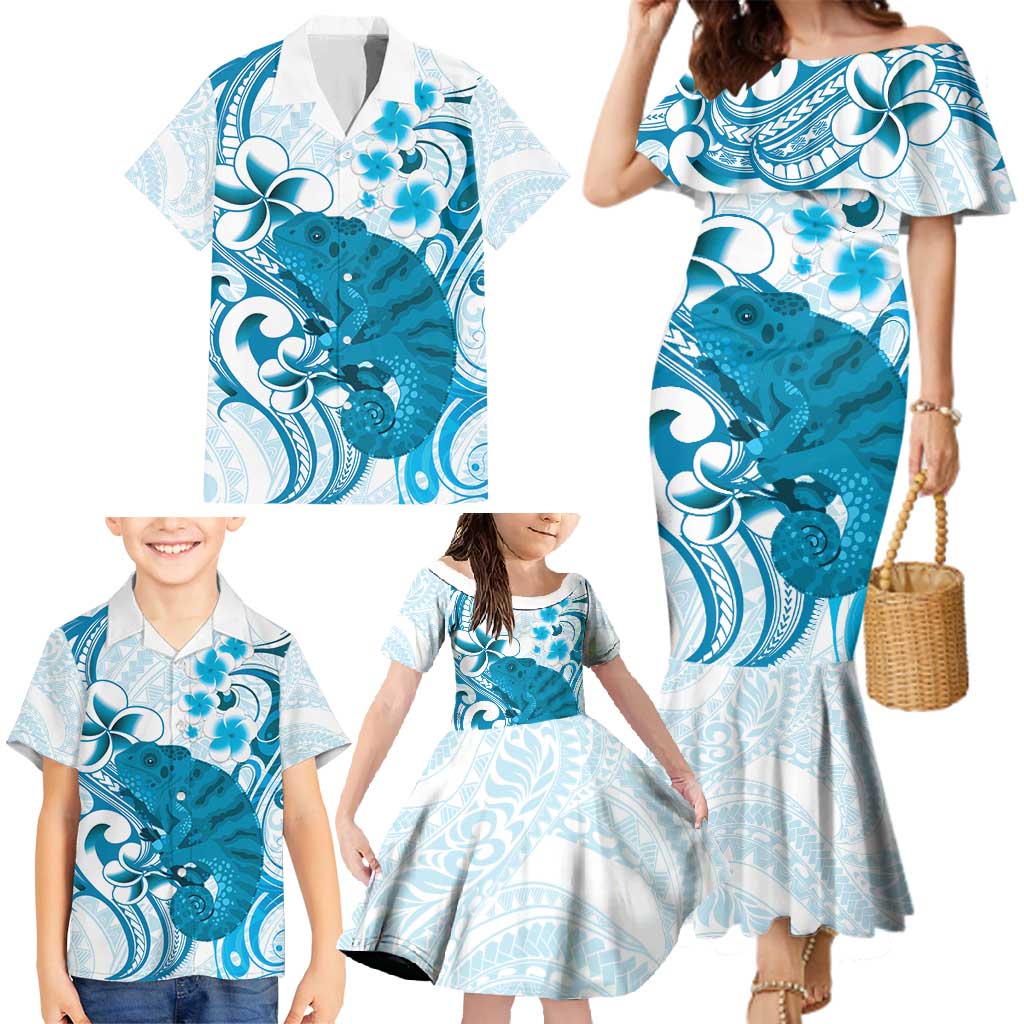 Cyan And White Hawaii Chameleon Family Matching Mermaid Dress and Hawaiian Shirt Plumeria Polynesian Tribal Art
