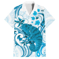 Cyan And White Hawaii Chameleon Family Matching Off Shoulder Maxi Dress and Hawaiian Shirt Plumeria Polynesian Tribal Art