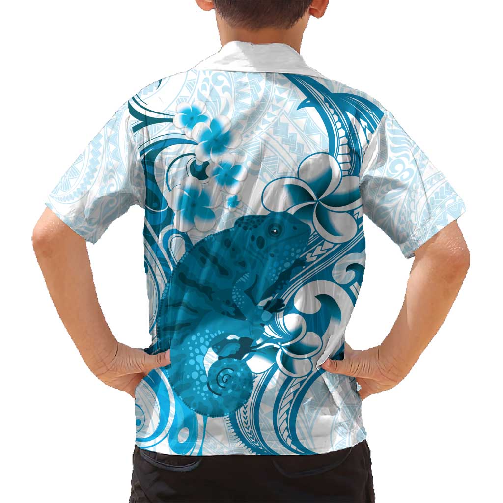 Cyan And White Hawaii Chameleon Family Matching Puletasi and Hawaiian Shirt Plumeria Polynesian Tribal Art