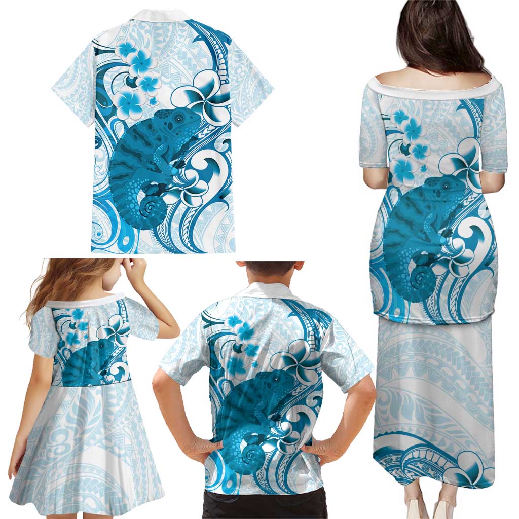 Cyan And White Hawaii Chameleon Family Matching Puletasi and Hawaiian Shirt Plumeria Polynesian Tribal Art