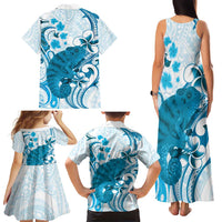 Cyan And White Hawaii Chameleon Family Matching Tank Maxi Dress and Hawaiian Shirt Plumeria Polynesian Tribal Art