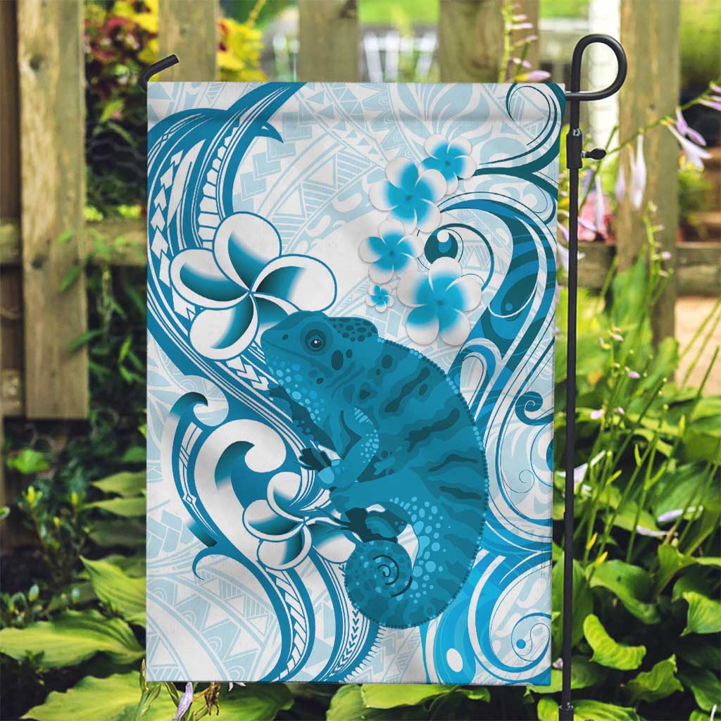 Cyan And White Hawaii Chameleon Garden Flag Plumeria Polynesian Tribal Art