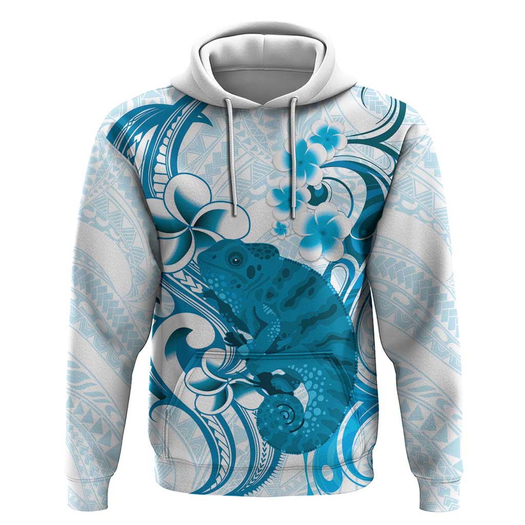 Cyan And White Hawaii Chameleon Hoodie Plumeria Polynesian Tribal Art