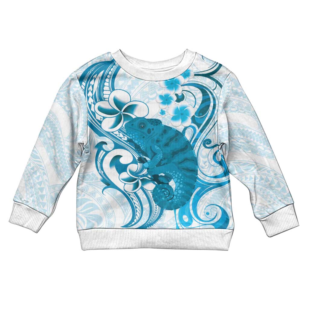Cyan And White Hawaii Chameleon Kid Ugly Christmas Sweater Plumeria Polynesian Tribal Art LT14 Kid Cyan - Polynesian Pride