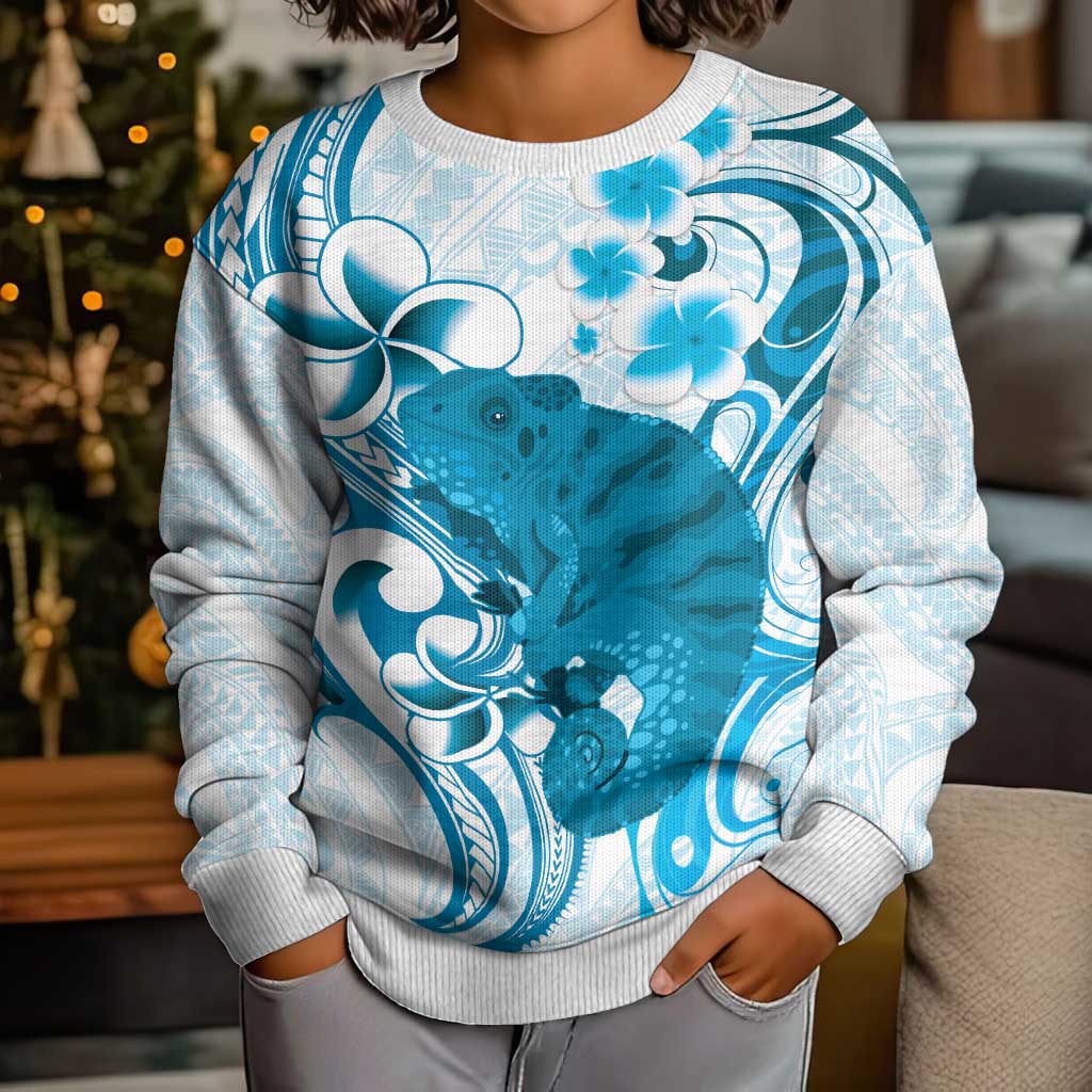 Cyan And White Hawaii Chameleon Kid Ugly Christmas Sweater Plumeria Polynesian Tribal Art LT14 - Polynesian Pride