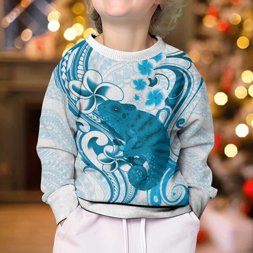 Cyan And White Hawaii Chameleon Kid Ugly Christmas Sweater Plumeria Polynesian Tribal Art LT14 - Polynesian Pride