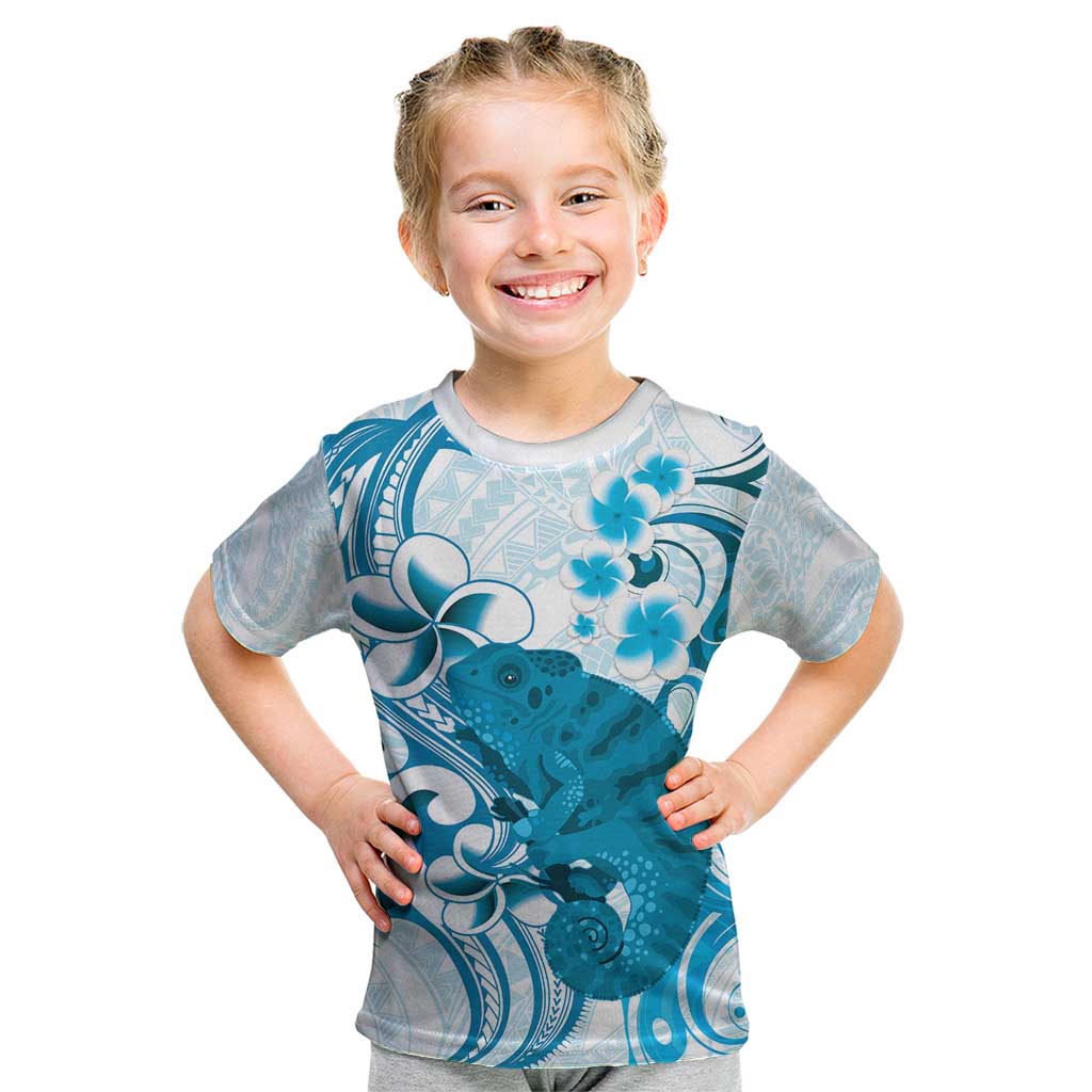 Cyan And White Hawaii Chameleon Kid T Shirt Plumeria Polynesian Tribal Art LT14 Cyan - Polynesian Pride