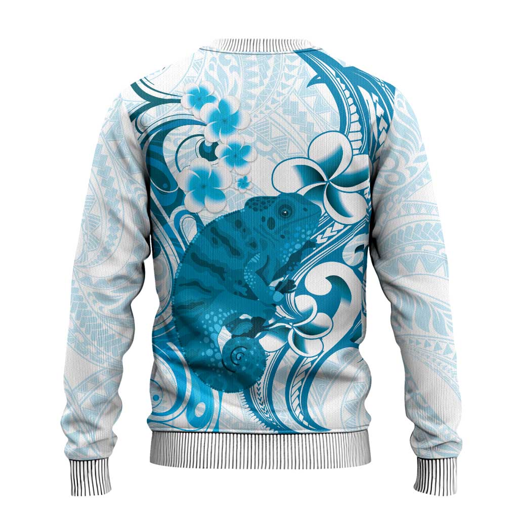 Cyan And White Hawaii Chameleon Ugly Christmas Sweater Plumeria Polynesian Tribal Art