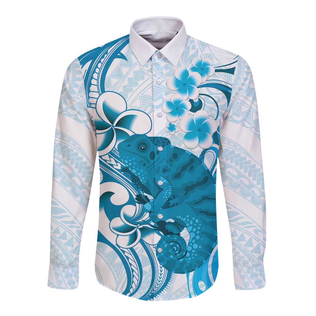Cyan And White Hawaii Chameleon Long Sleeve Button Shirt Plumeria Polynesian Tribal Art LT14 Unisex Cyan - Polynesian Pride