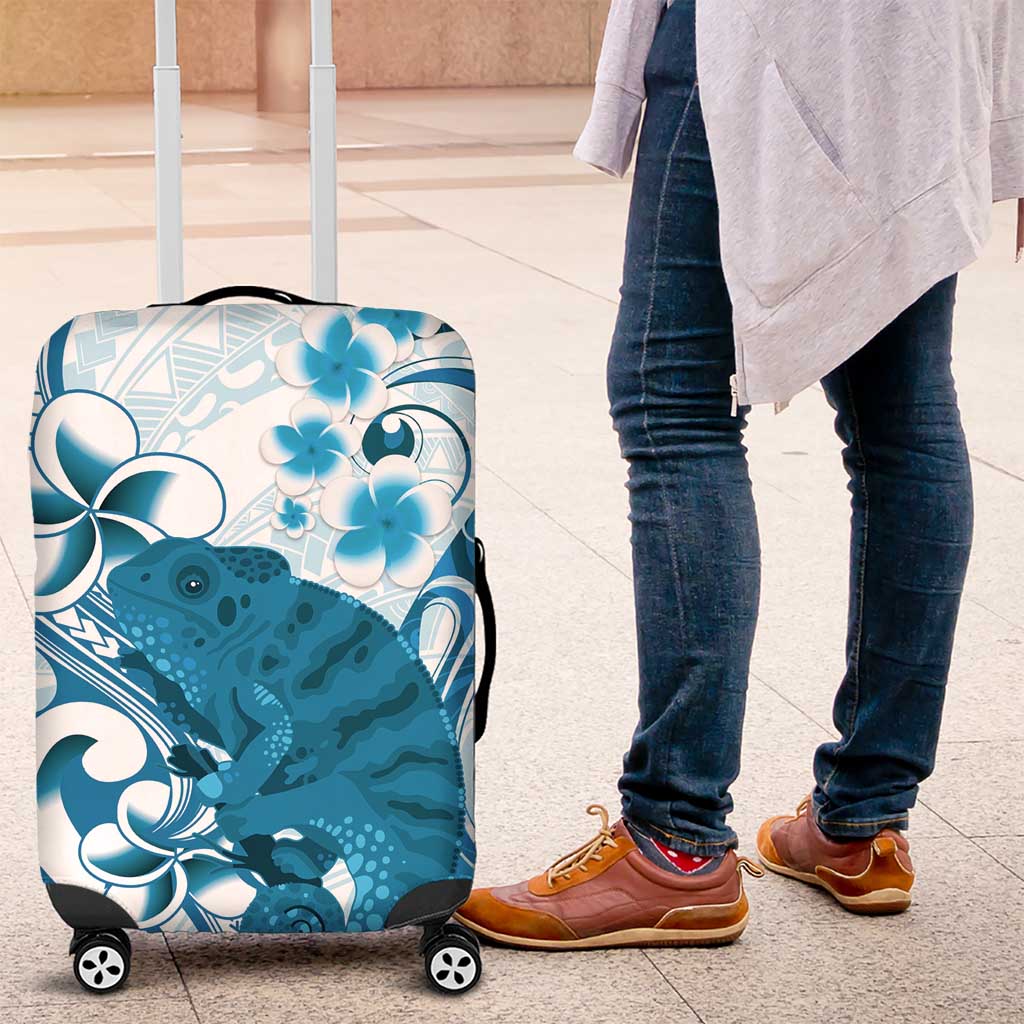 Cyan And White Hawaii Chameleon Luggage Cover Plumeria Polynesian Tribal Art