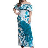 Cyan And White Hawaii Chameleon Off Shoulder Maxi Dress Plumeria Polynesian Tribal Art