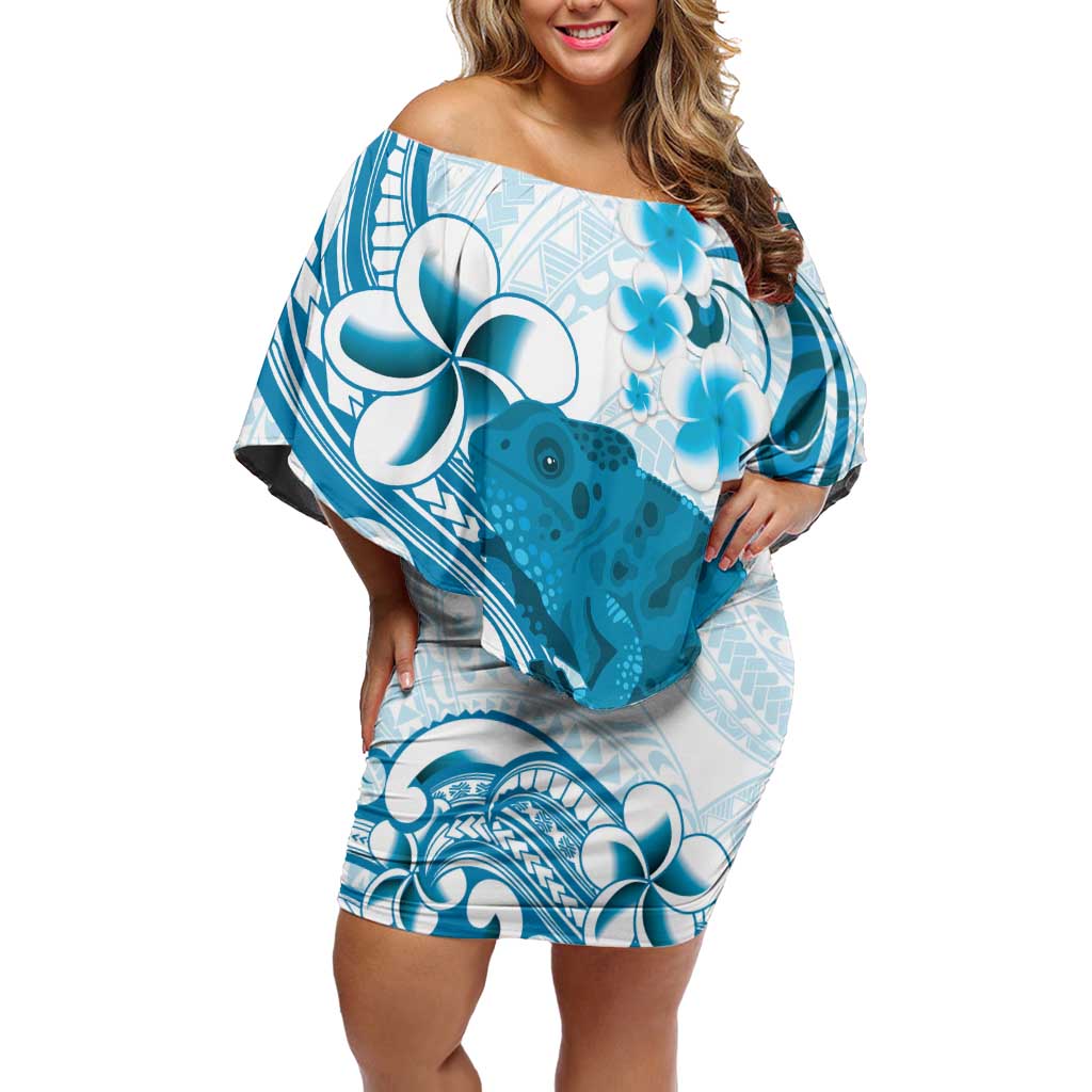 Cyan And White Hawaii Chameleon Off Shoulder Short Dress Plumeria Polynesian Tribal Art