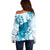 Cyan And White Hawaii Chameleon Off Shoulder Sweater Plumeria Polynesian Tribal Art