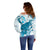 Cyan And White Hawaii Chameleon Off Shoulder Sweater Plumeria Polynesian Tribal Art