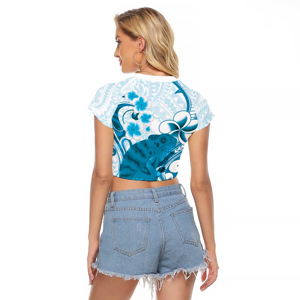 Cyan And White Hawaii Chameleon Raglan Cropped T Shirt Plumeria Polynesian Tribal Art LT14 - Polynesian Pride