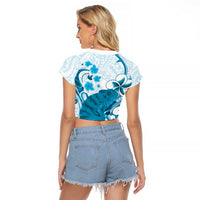 Cyan And White Hawaii Chameleon Raglan Cropped T Shirt Plumeria Polynesian Tribal Art LT14 - Polynesian Pride