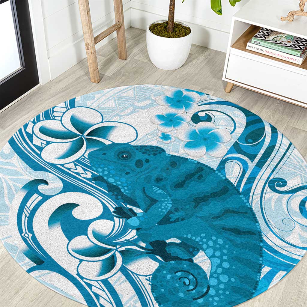 Cyan And White Hawaii Chameleon Round Carpet Plumeria Polynesian Tribal Art