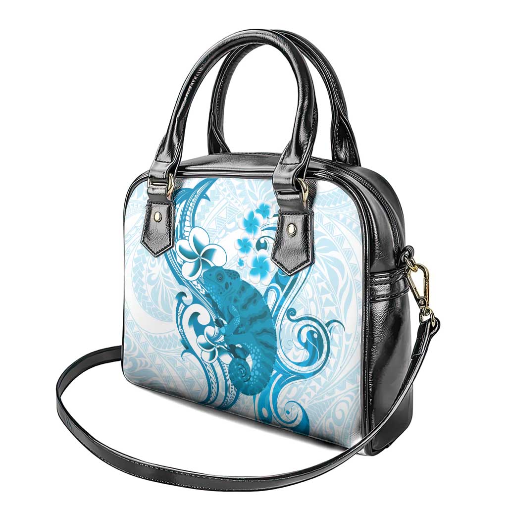 Cyan And White Hawaii Chameleon Shoulder Handbag Plumeria Polynesian Tribal Art